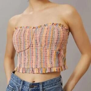 Pilcro Anthropologie Ruffle Trim Smocked Stripe Strapless Crop Top Multicolor XS